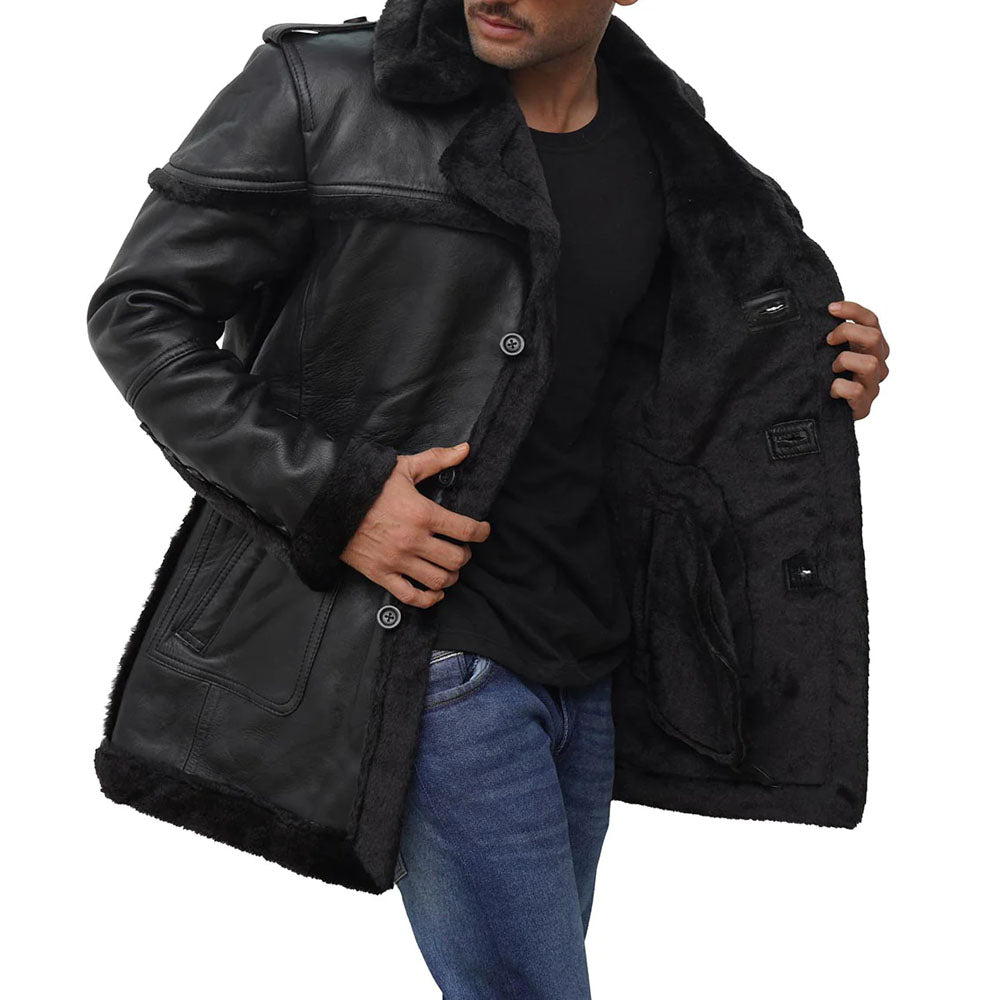 New Black Shearling Leather Long Coat