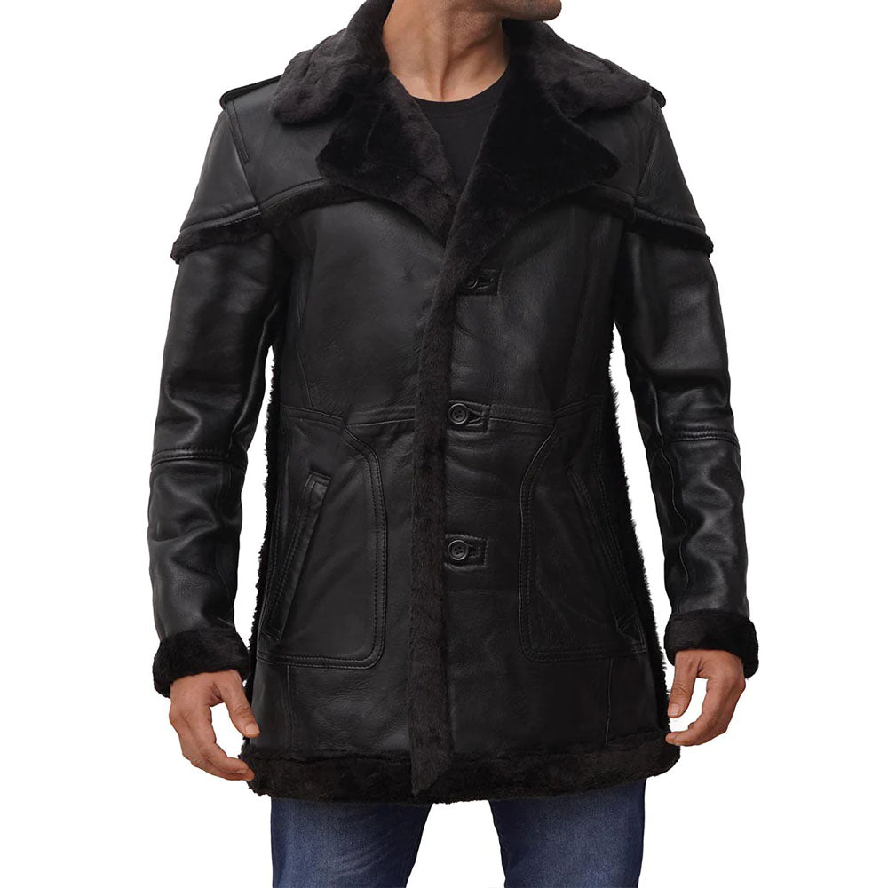 New Men's Black Leather Long Coat