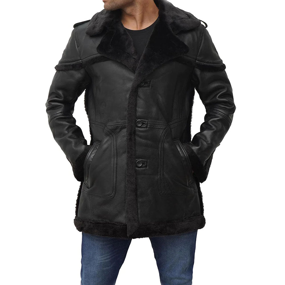 New Men's Black Shearling Long Coat