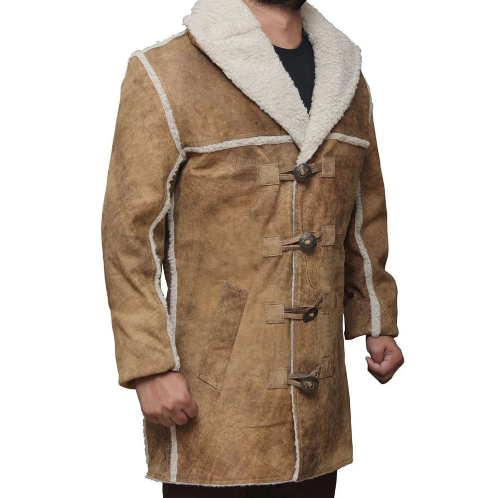 Men's Brown Shearling Suede Leather Distressed Coat