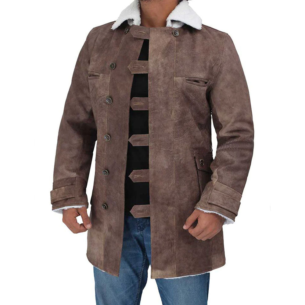 Men's Brown Bomber Swedish Long Distressed Leather Coat