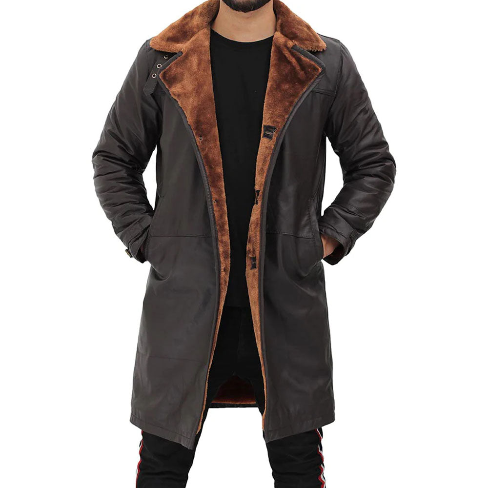 New Dark Brown Sheepskin Leather Shearling Long Coat For Men