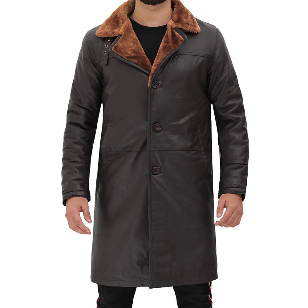 Dark Brown Sheepskin Leather Shearling Long Coat For Men