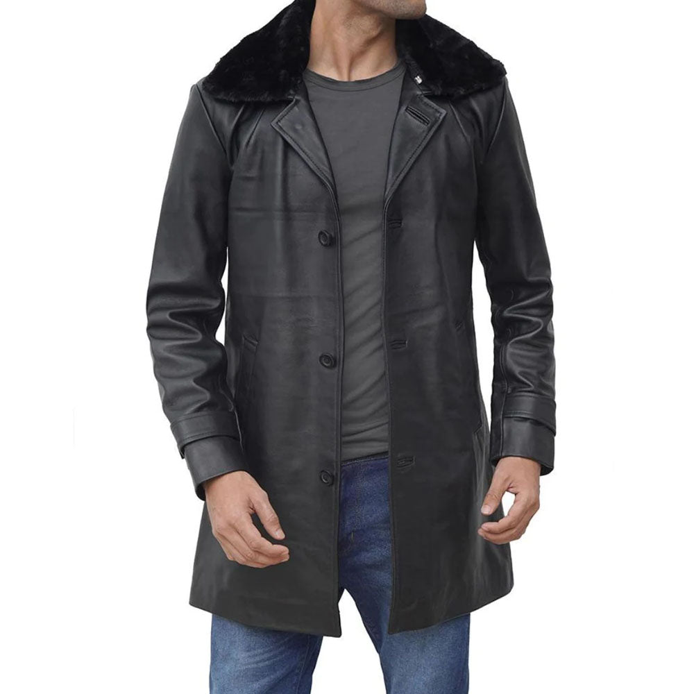 New Men's Black Shearling Leather Coat