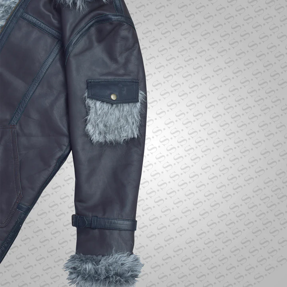 New Sheepskin Shearling Black Leather Jacket Coat In Flight Aviation Style - Cold Inferno