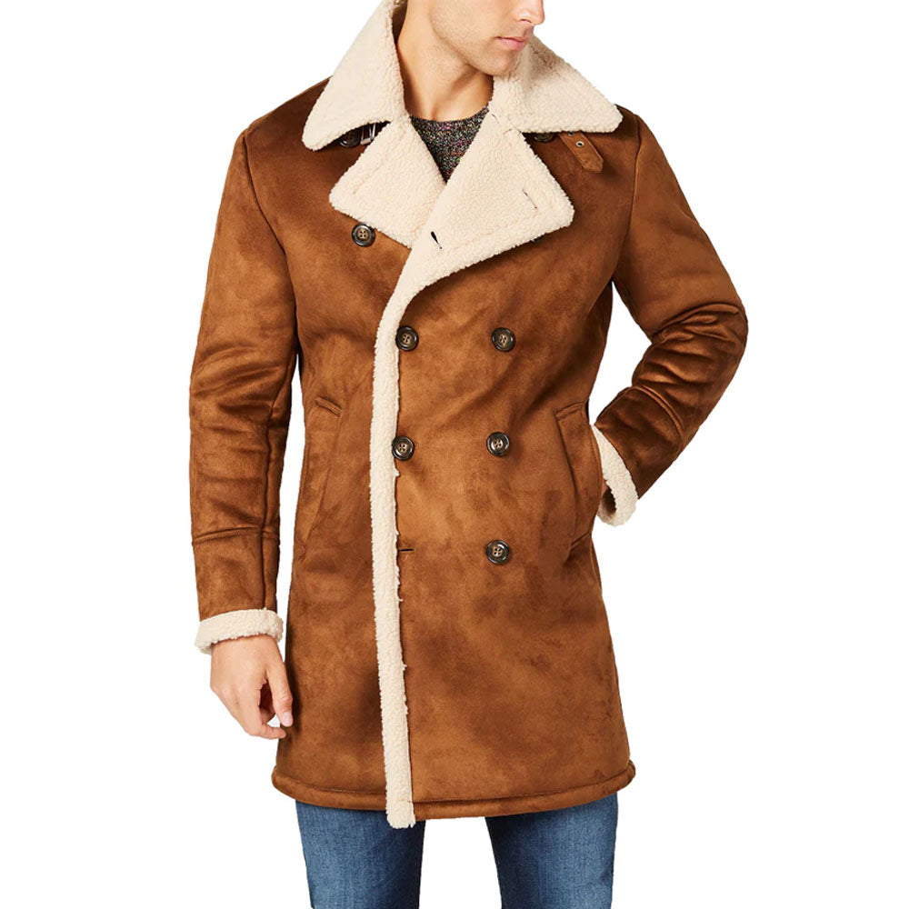 New Men's Brown Shearling Leather Sheepskin Overcoat