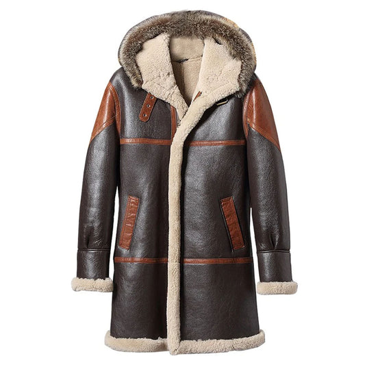 New Men Sheepskin Vintage Shearling Leather Long Coat