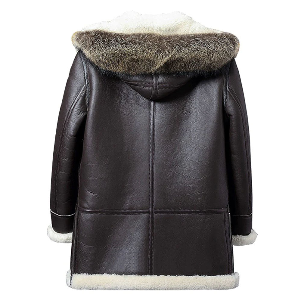 Black Shearling Hooded Sheepskin Leather Coat For Men