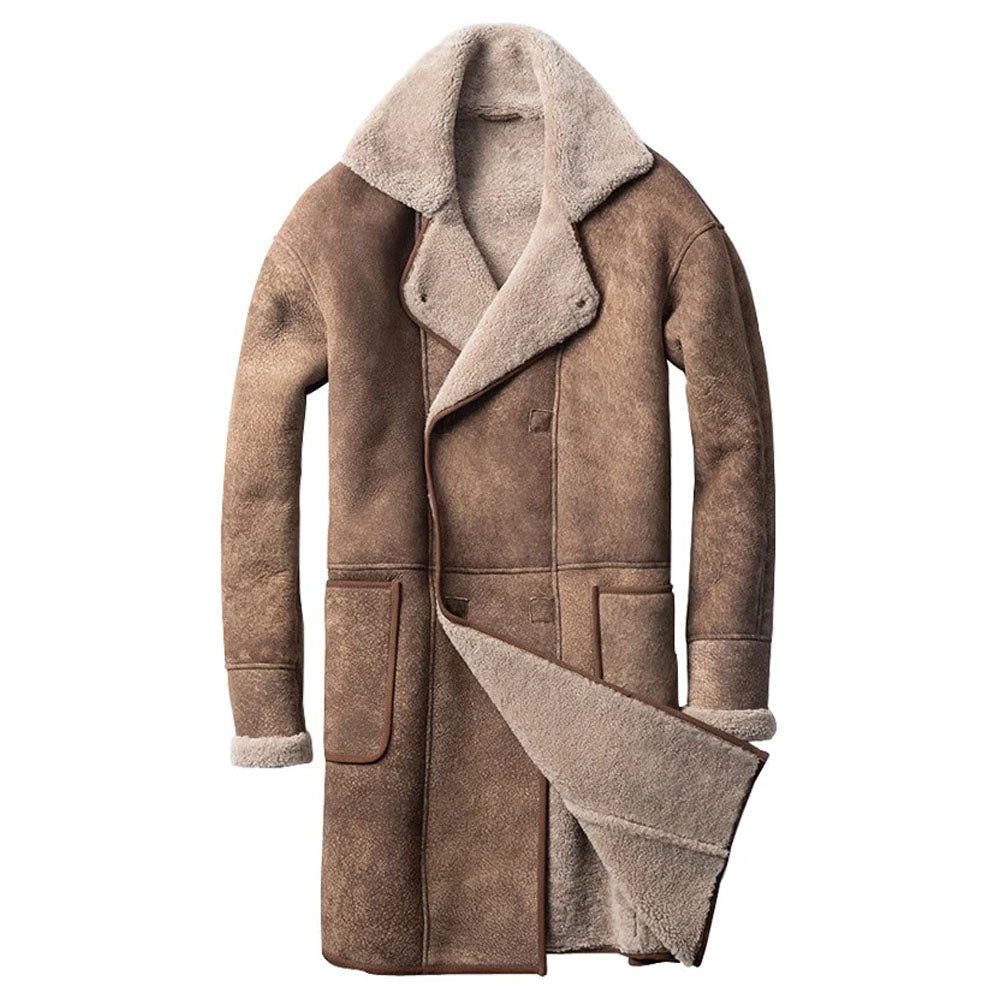 New Men's Brown Trench Shearling Leather Sheepskin Long Coat