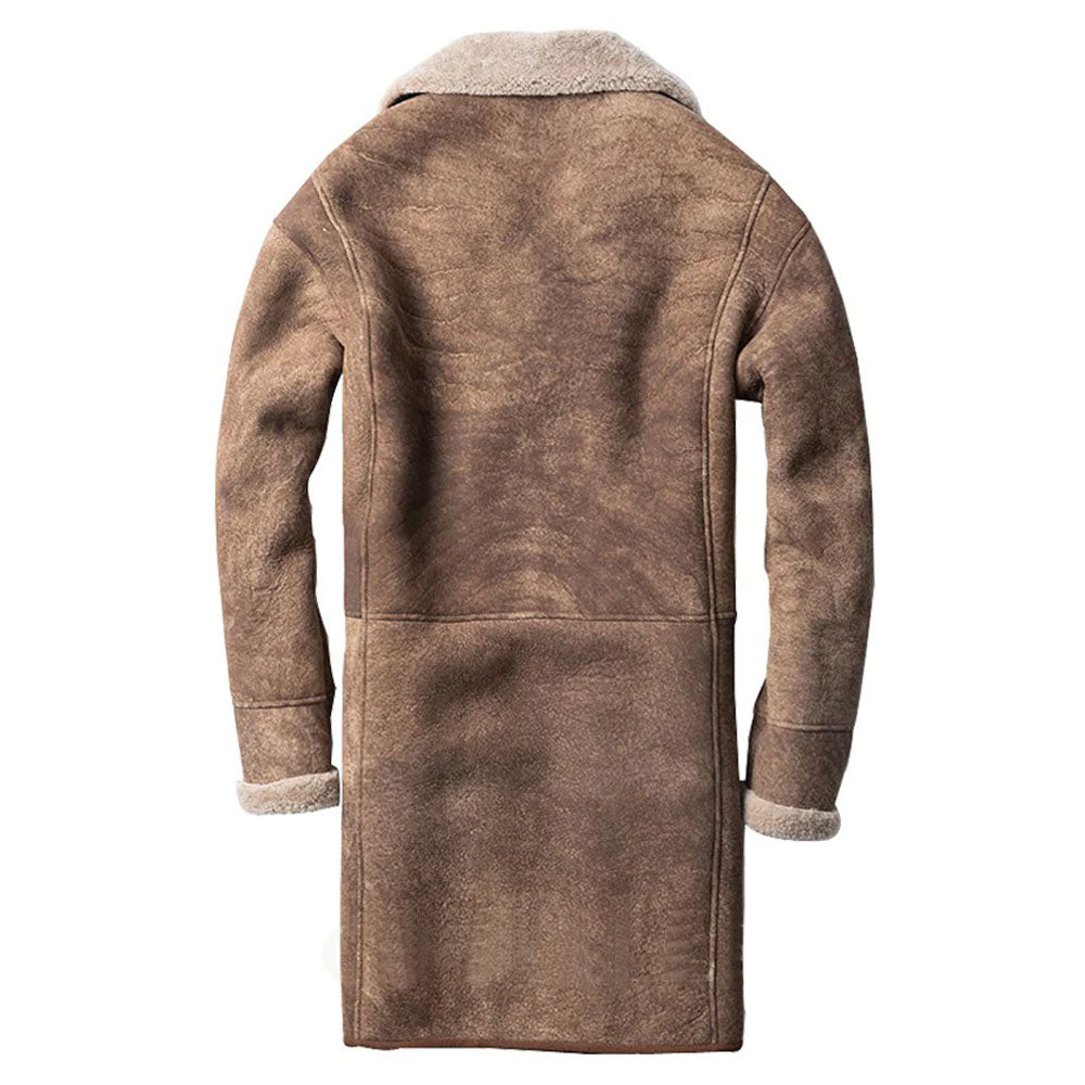 Men's Brown Trench Shearling Leather Sheepskin Long Coat