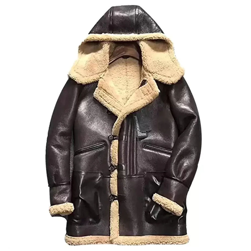 New Men's Brown Hooded Shearling Leather Sheepskin Coat