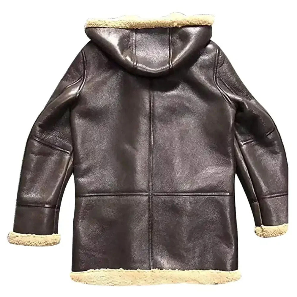 Men's Brown Hooded Shearling Leather Sheepskin Coat