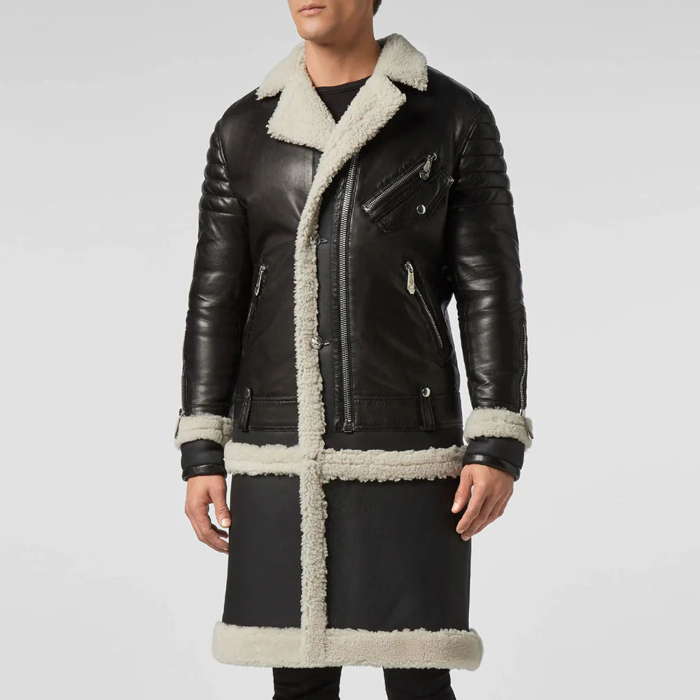 New Men's Sheepskin Fur Leather Long Coat