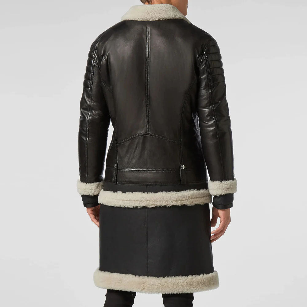 New Men's Black Sheepskin Fur Leather Coat