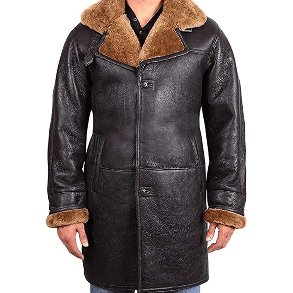 New Men's Brown Trench Sheepskin Warm Shearling Leather Coat