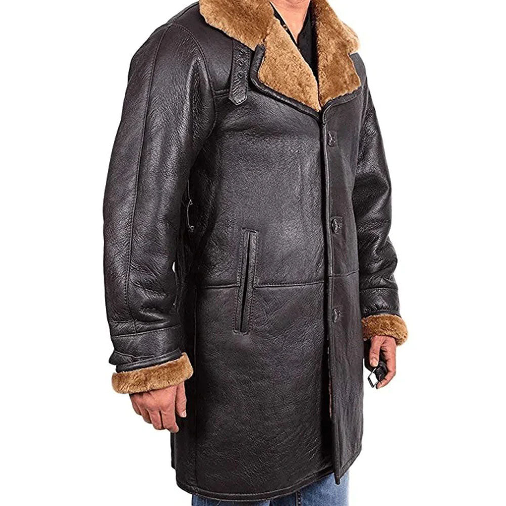 Men's Brown Trench Sheepskin Warm Shearling Leather Coat