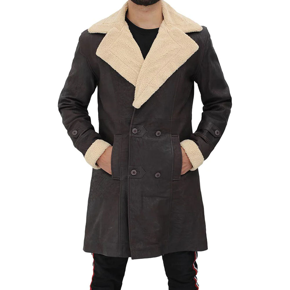 New Men's Brown Shearling Sherpa Collar Leather Coat