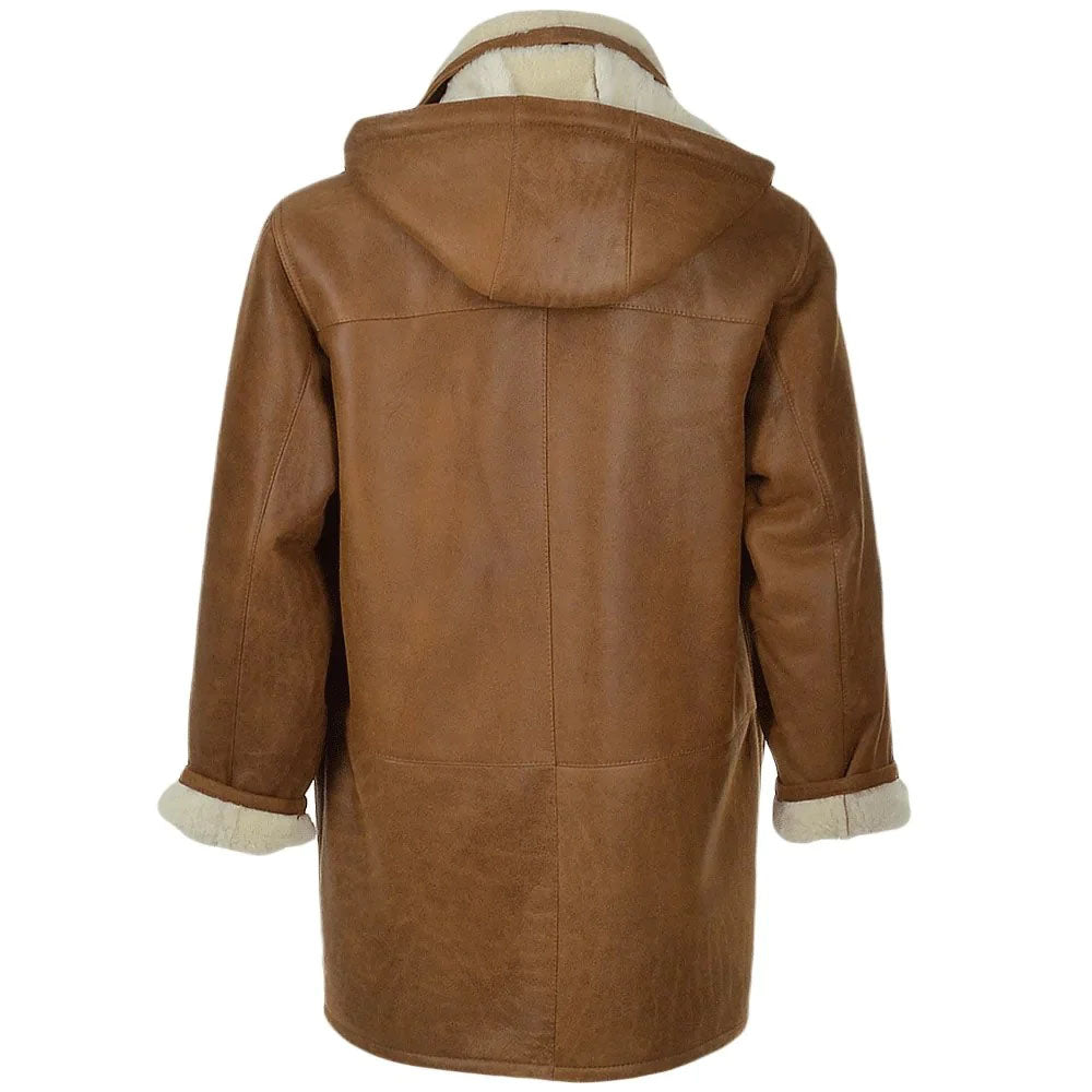 Men's Brown Hooded Shearling Fur Long Leather Coat