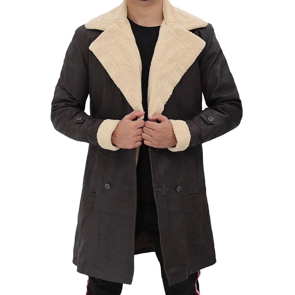 Men's Brown Shearling Sherpa Collar Leather Coat