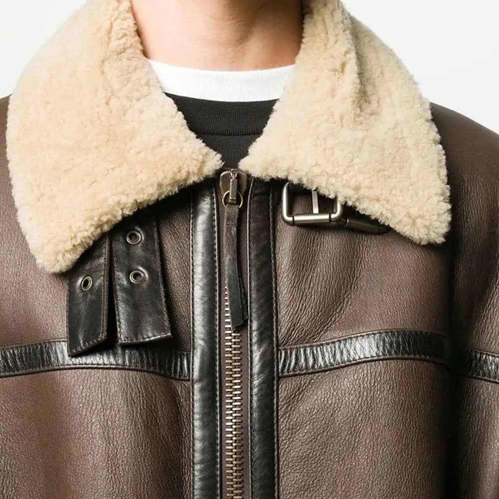 New Brown Shearling Aviator Leather Coat