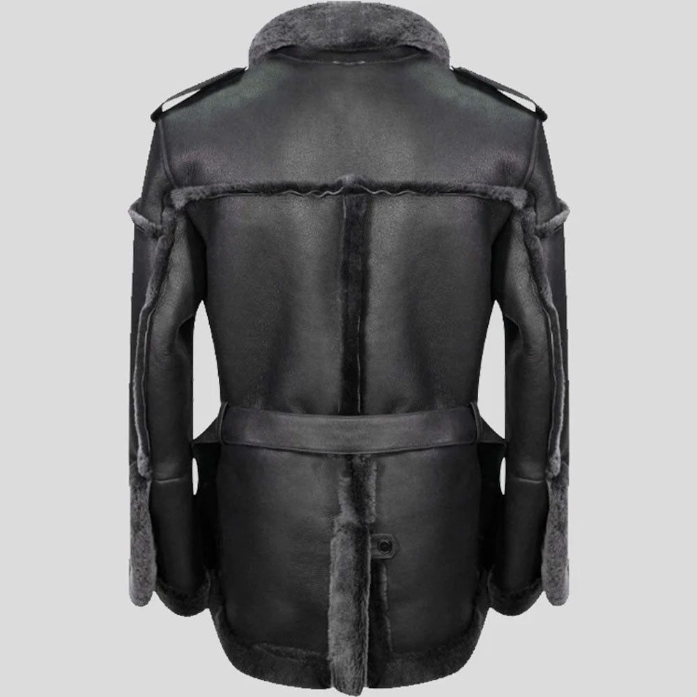 Men Black Belted Suede Leather Sheepskin Overcoat