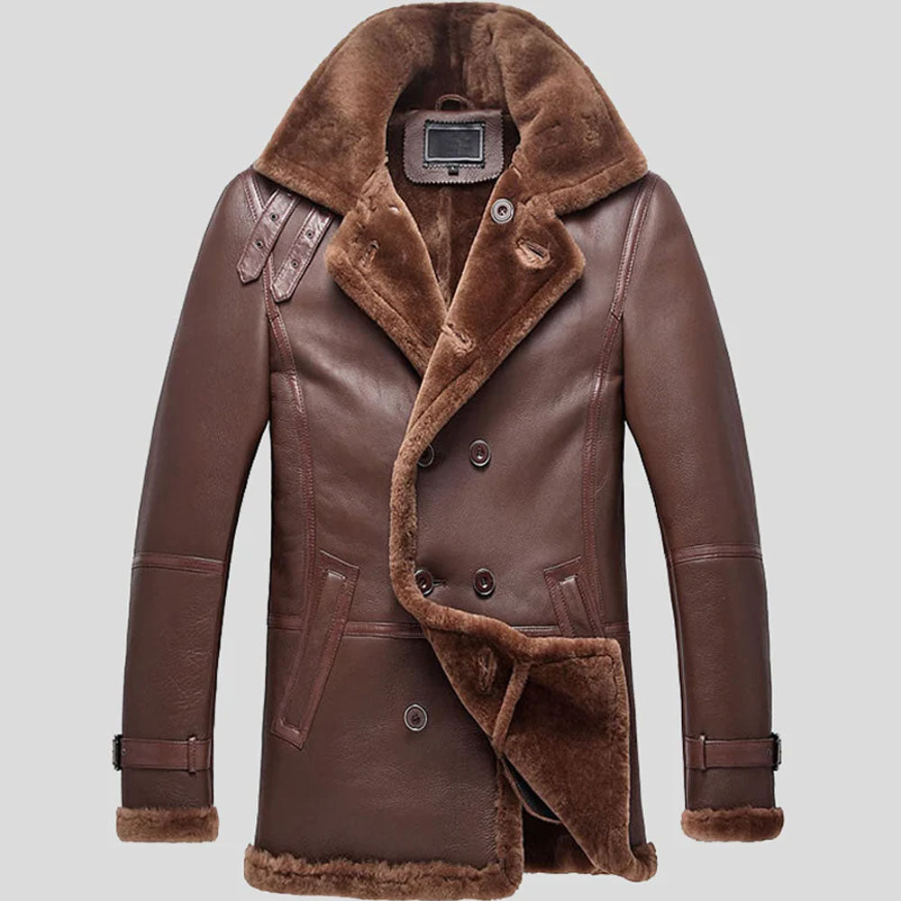 New Men's Sheepskin Double Breasted Shearling Leather Brown Long Coat