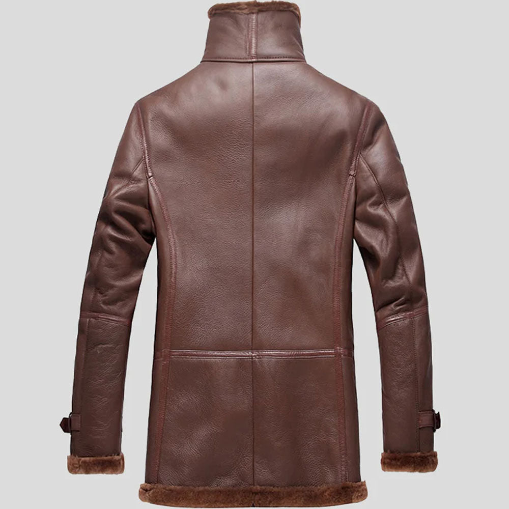 Men's Sheepskin Double Breasted Shearling Leather Brown Long Coat