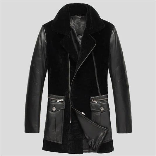 New Men's Black Calfskin Sheepskin Shearling Leather Long Coat