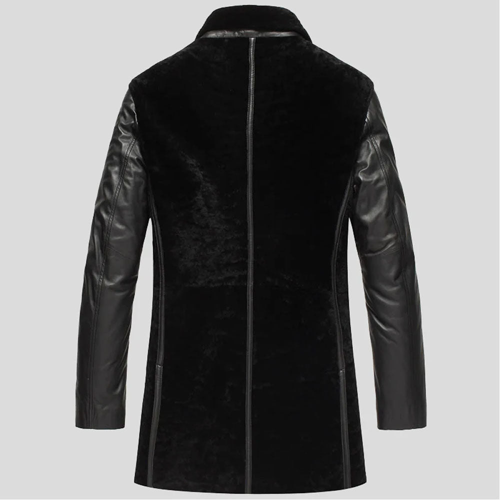 Black Calfskin Sheepskin Shearling Leather Long Coat