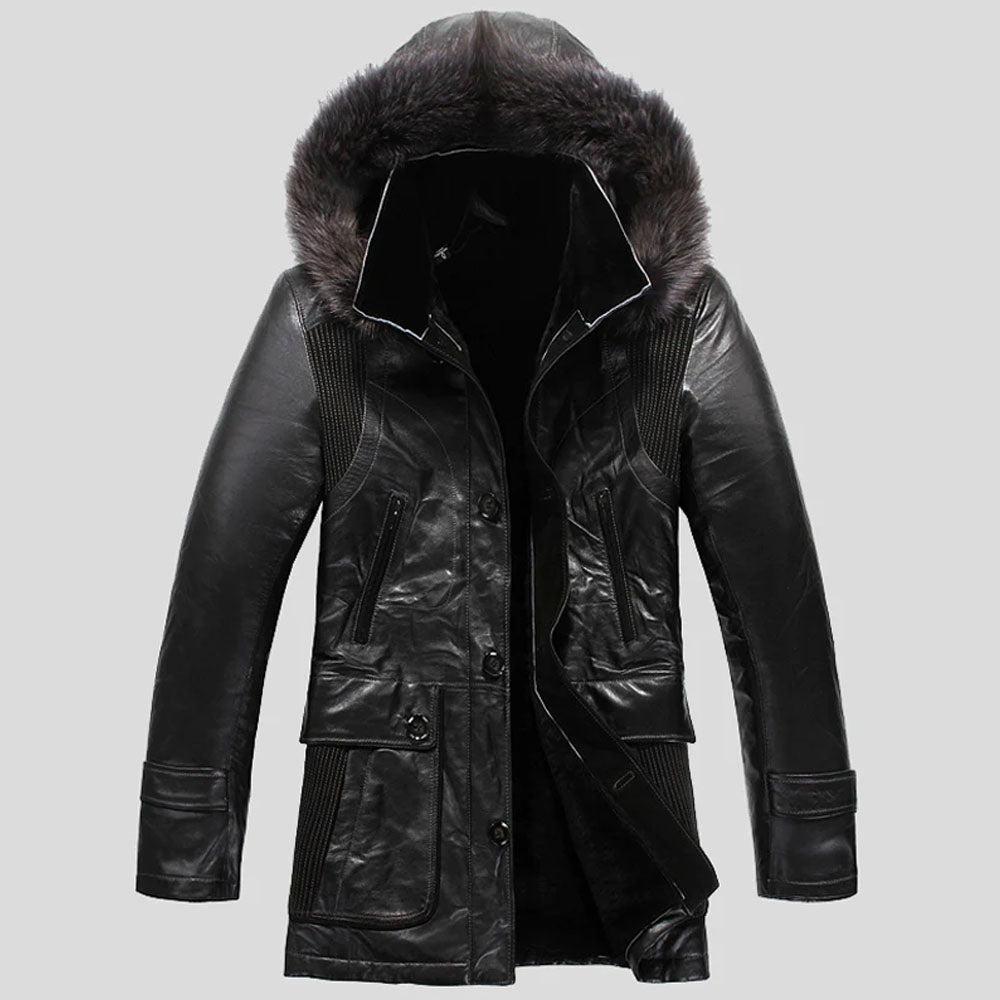 Men's Black Fur Shearling Hooded Sheepskin Leather Coat