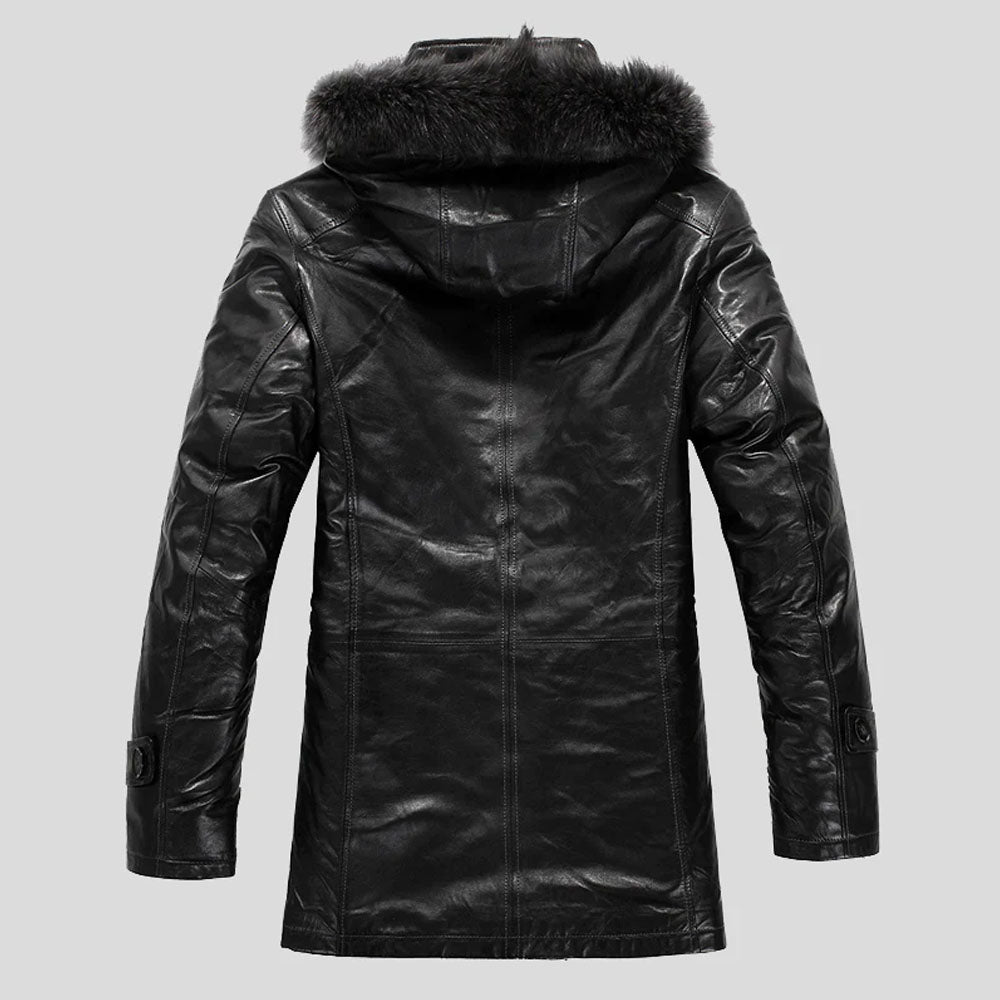 Black Fur Shearling Hooded Sheepskin Leather Coat