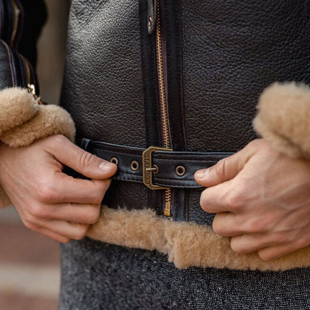 Men's Aviator Vintage Real Leather Jacket B3 Brown Sheepskin Shearling Coat