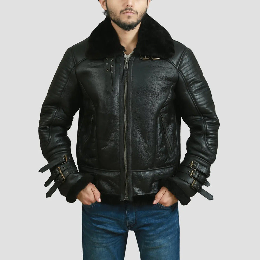 Man wearing Men's Aviator B3 Shearling Bomber Jacket with front zip closure closed.