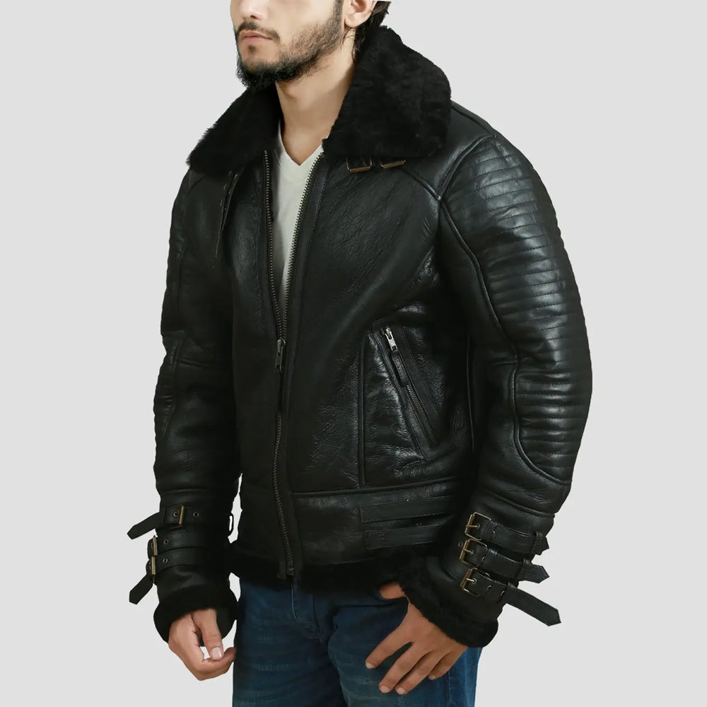 Side view of man wearing Men's Aviator B3 Shearling Bomber Jacket, showing fit and design.