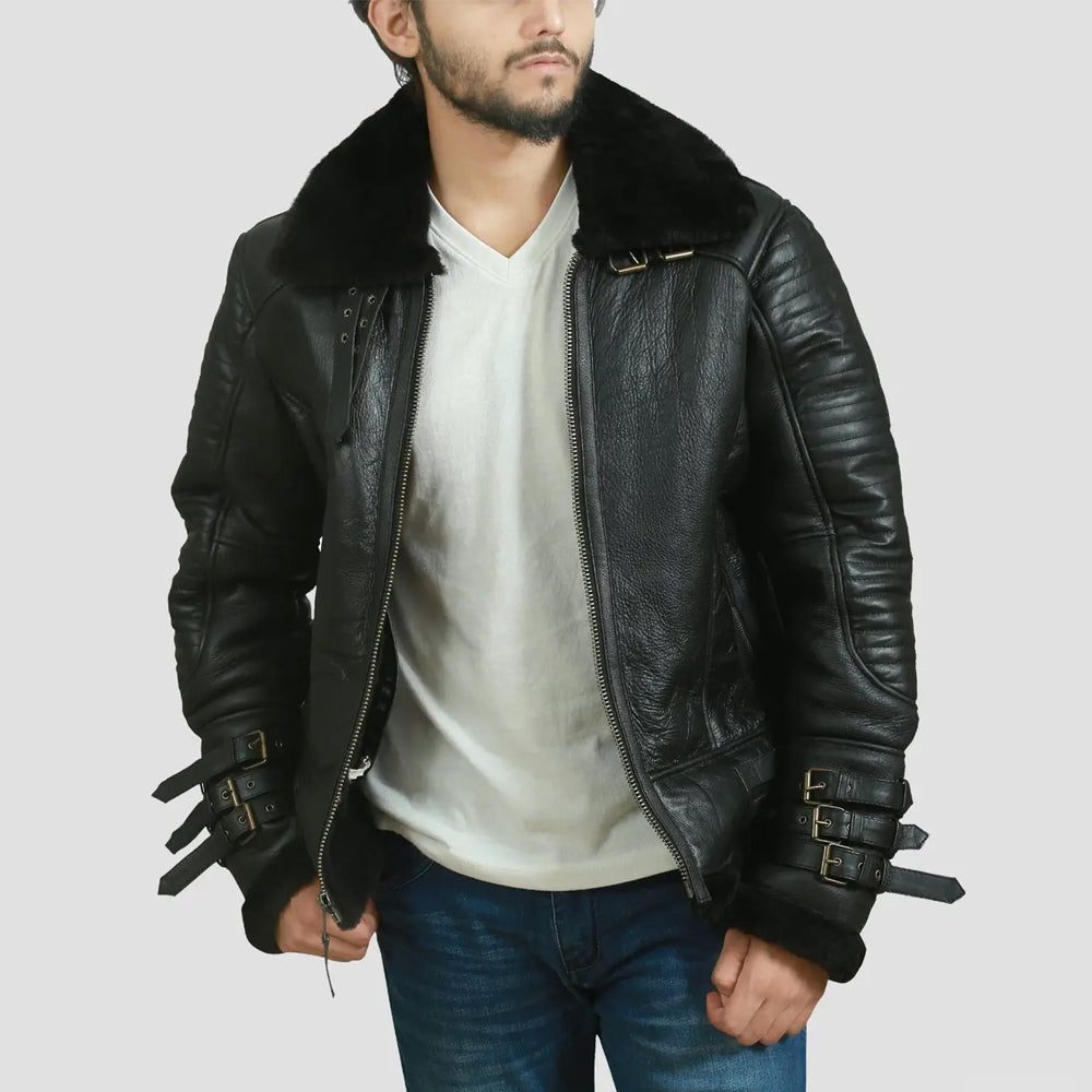 Man wearing Men's Aviator B3 Shearling Bomber Jacket with front zip open for casual look.