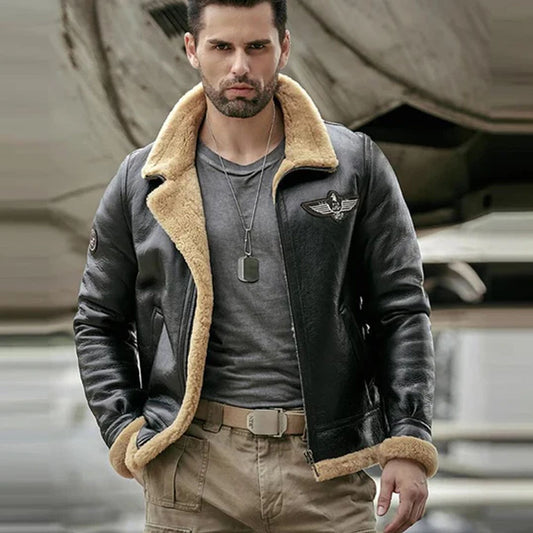 Black Aviator RAF Airforce Sheepskin Shearling Leather Jacket For Men