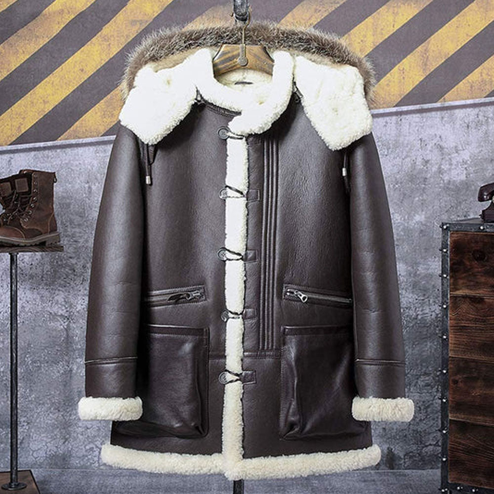 B3 Bomber Jacket Hooded Leather Jacket Shearling Coat Mens Brown