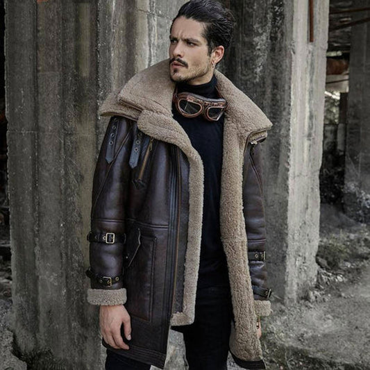 Brown Flight B3 Jacket Men’s Sheepskin Shearling Aviator Fur Long Coat