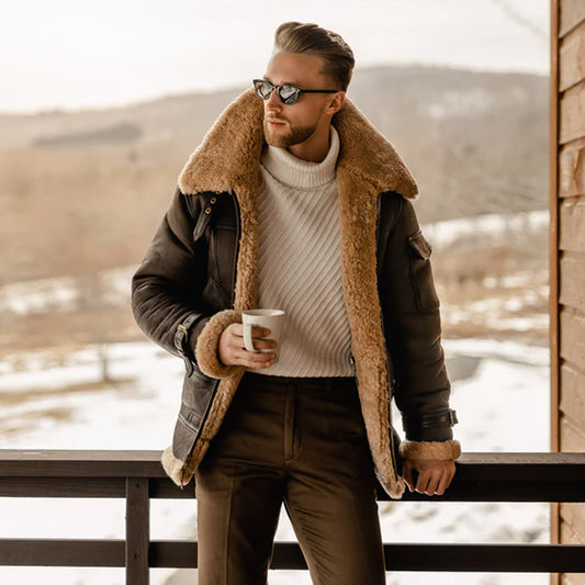 Man wearing B3 Aviator Sheepskin Jacket with open front zipper, holding a tea cup, and looking to the side, showcasing the jacket's stylish design.