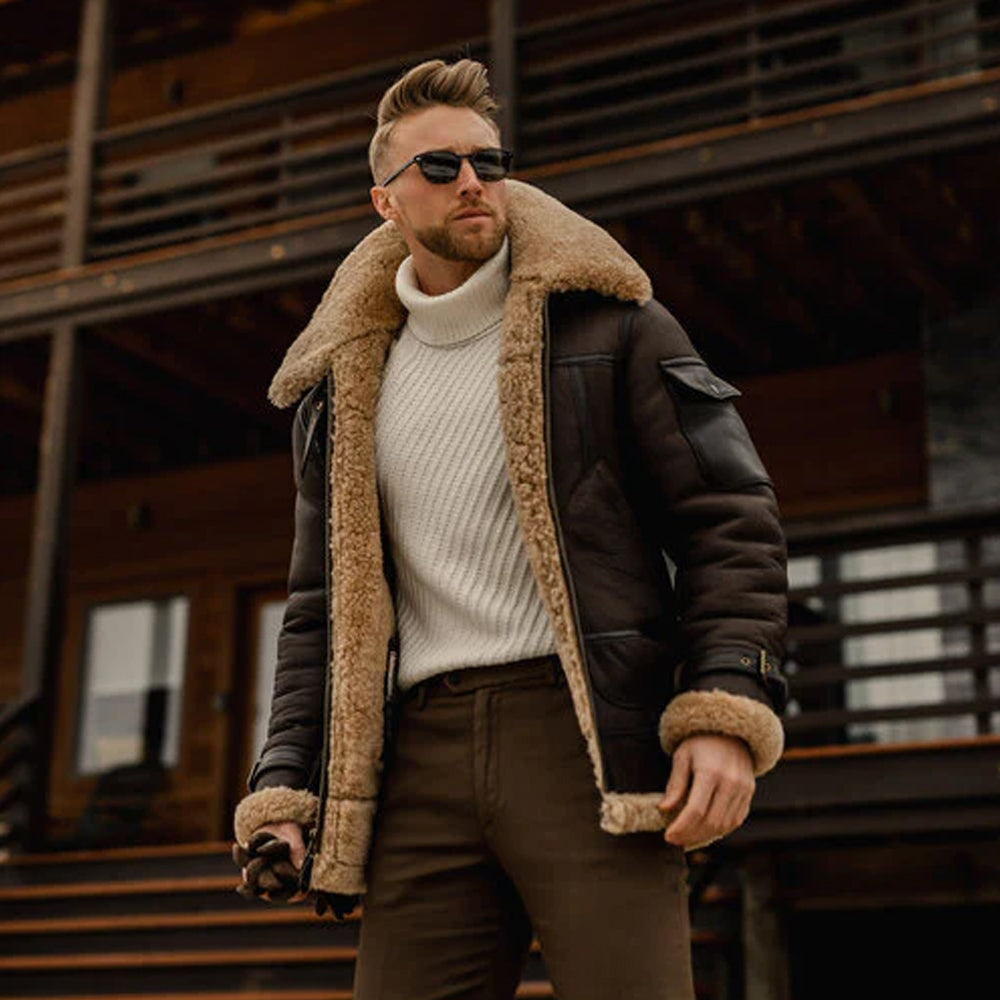 Man wearing the B3 Shearling Leather Jacket, captured from a low angle, looking to the side, highlighting its rugged and stylish appeal.