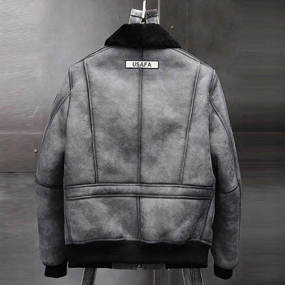 Mens Grey B3 RAF Flight Shearling Leather Jacket Coat