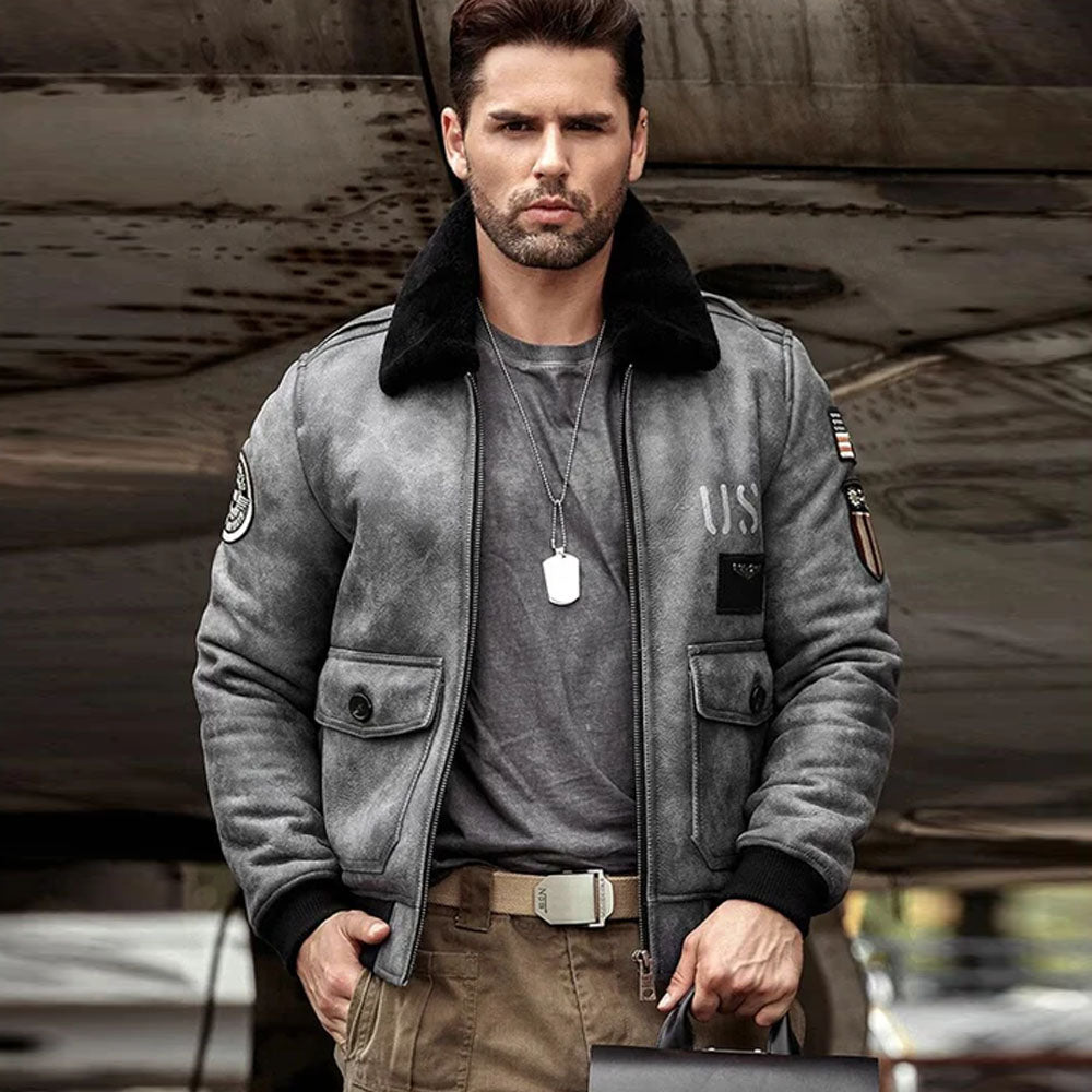 Mens Grey B3 RAF Flight Shearling Leather Jacket Coat