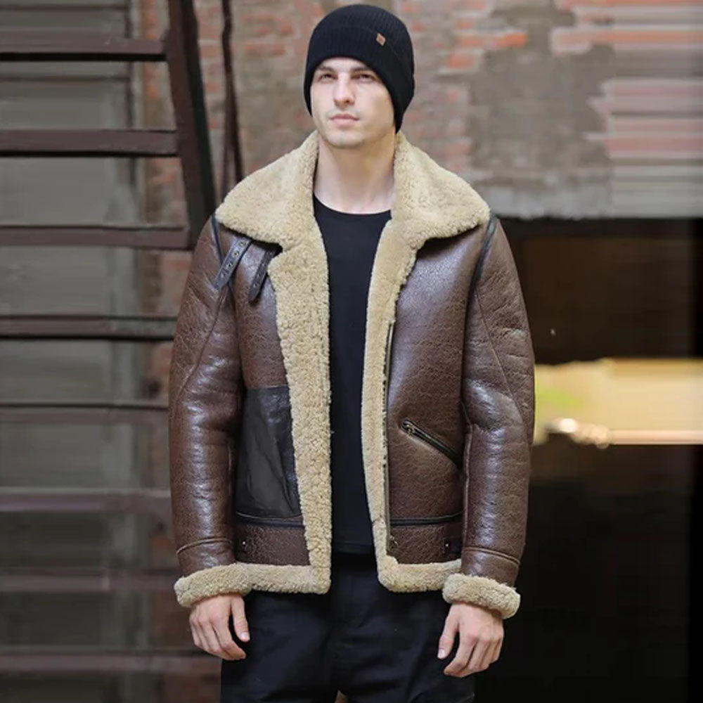 Men Shearling leather jacket with premium sheepskin material, suitable for winter wear.