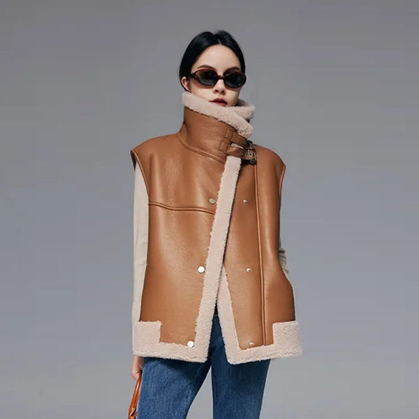 Women's Brown Sheepskin Shearling Vest with oversized collar buckled up