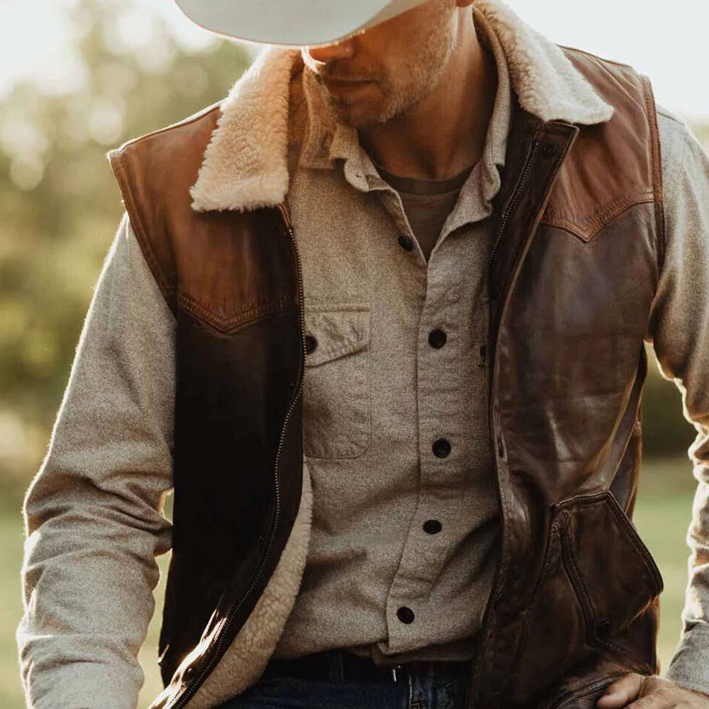 Brown Cowboy Shearling Lined Vest Sherpa Real Sheepskin Leather Waistcoat