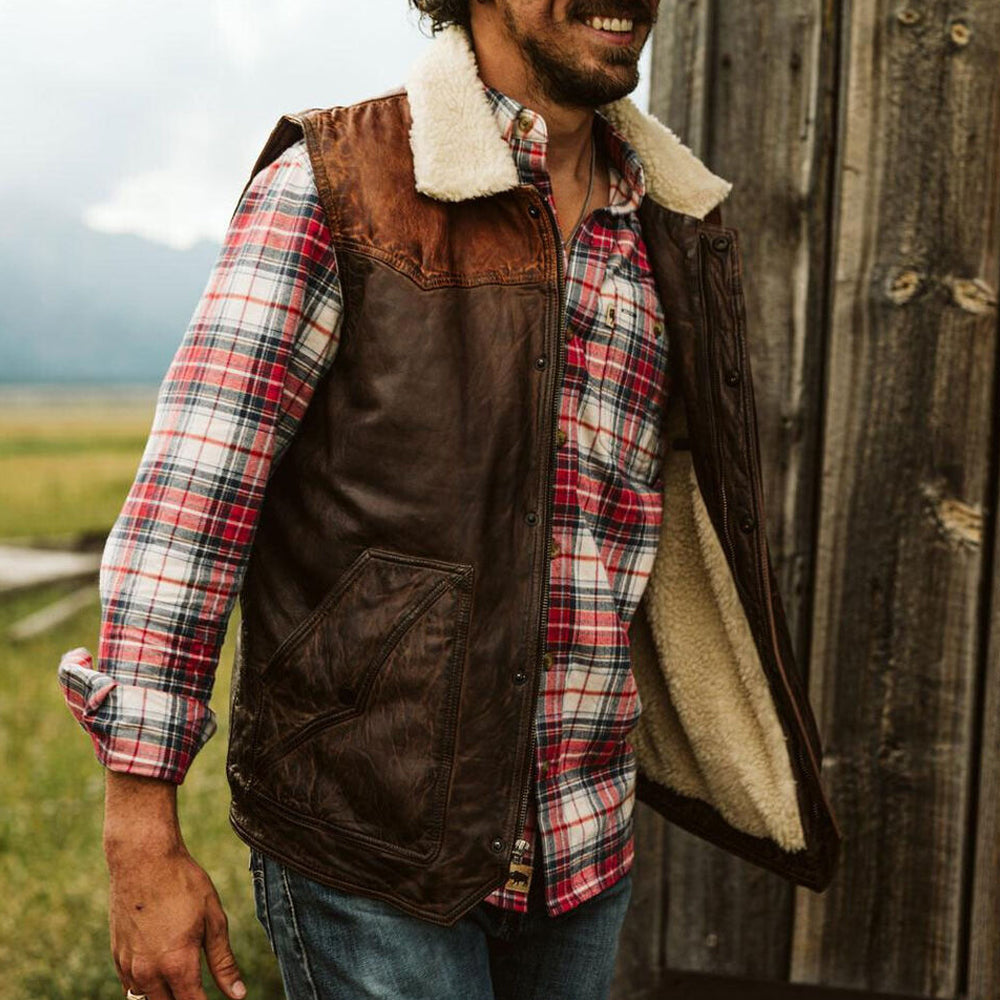 Men's Brown Cowboy Shearling Lined Vest Sherpa Sheepskin Leather Waistcoat