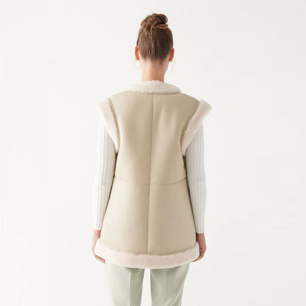 Beige Shearling Leather Vest For Women