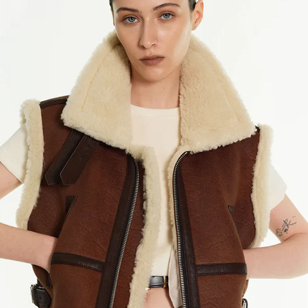 New Women Aviator Sheepskin Shearling Leather Vest