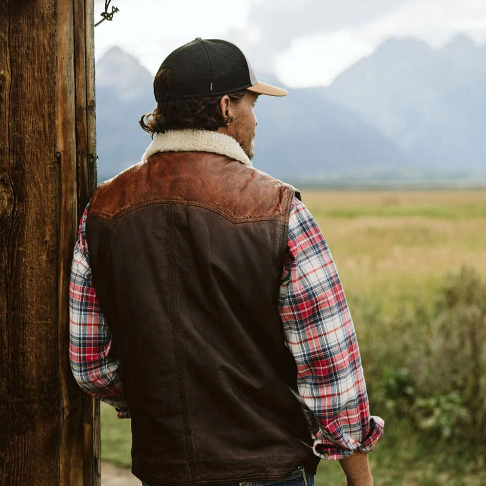 Brown Cowboy Shearling Lined Vest Sherpa Real Sheepskin Leather Waistcoat For Men