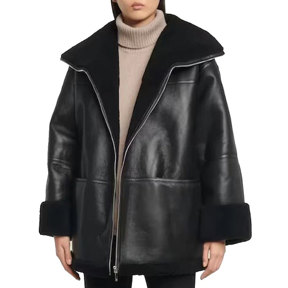 New Black Shearling B3 Bomber Sheepskin Leather Coat For Women
